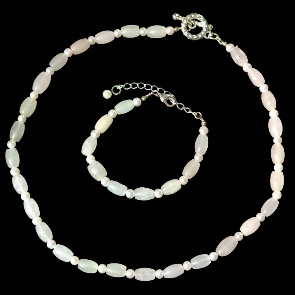White Jade Crystal & Pearl Beaded Necklace & Bracelet Jewelry Set